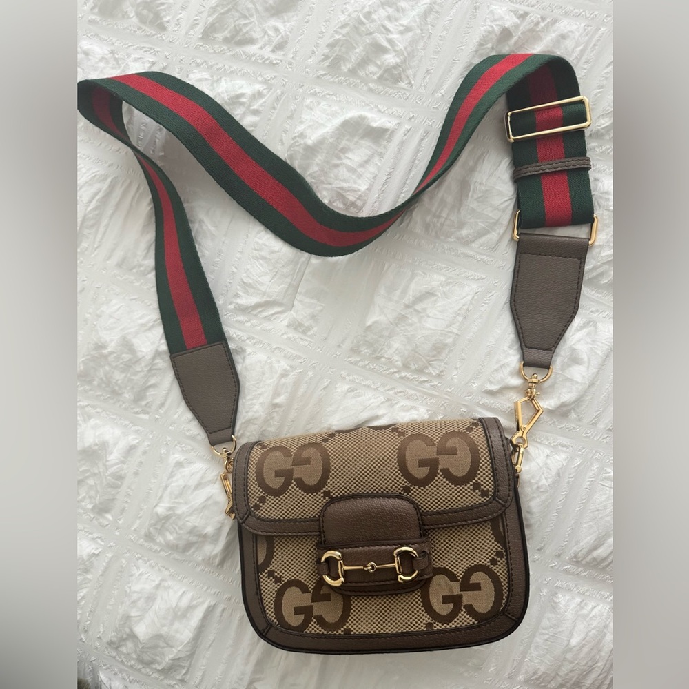 Inspired Brown Crossbody Bag with Green and Red Strap